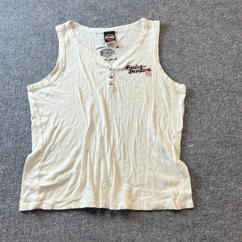 Harley-Davidson Tank Top Womens Size 1X White Ribbed Cotton Henley Biker Logo